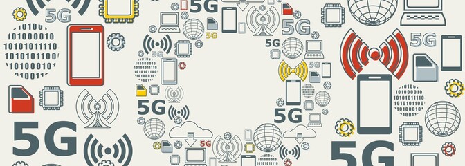 Obraz premium Mobile gadgets technology relative vector image. Circle frame with technology thin line icons. 5G Network Symbol.