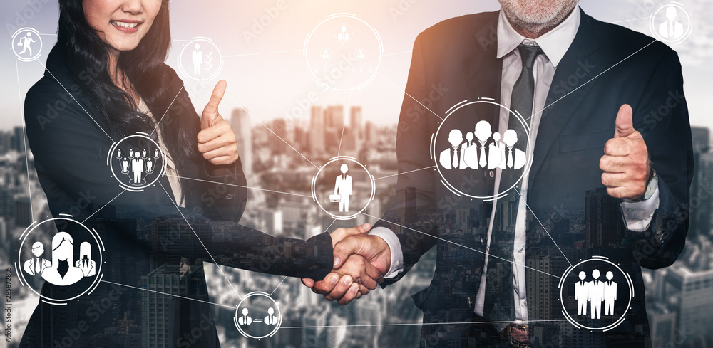 Poster human resources recruitment and people networking concept. modern graphic interface showing professi
