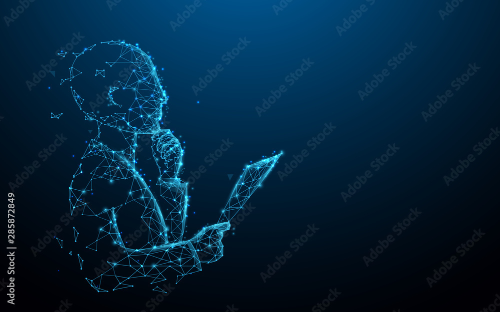 Aufkleber thinking businessman and hand holding paper from lines, triangles and particle style design. illustr