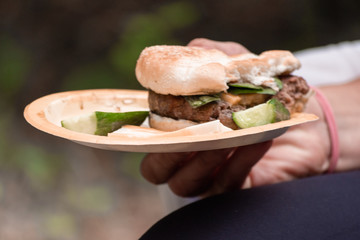 Big hamburger on a the plate with green salad 