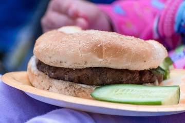 Big hamburger on a the plate with green salad 