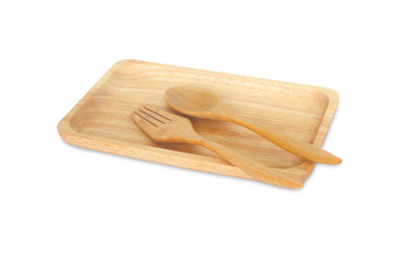 Square wood dish with spoon and fork isolate on white background