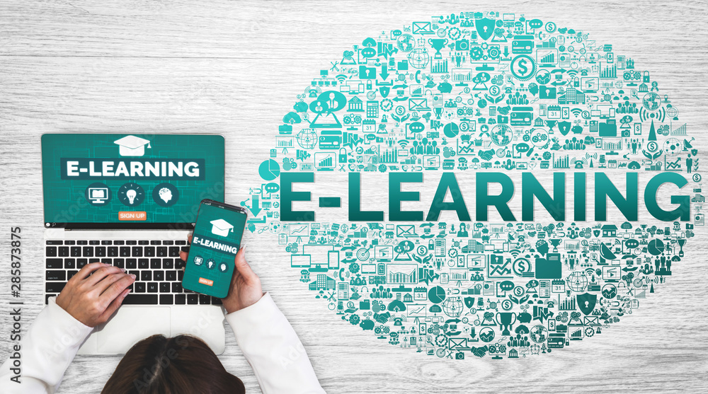 Poster e-learning and online education for student and university concept. graphic interface showing techno