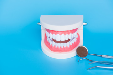 Different dental tools for demonstration patient.Model tooth model, mirror, sickle probe, dental floss, surgical forceps and toothbrush on blue background.Dentist healthcare education concept.