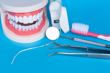 Different dental tools for demonstration patient.Model tooth model, mirror, sickle probe, dental...