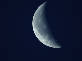 in the blue morning sky stands the waning quarter moon