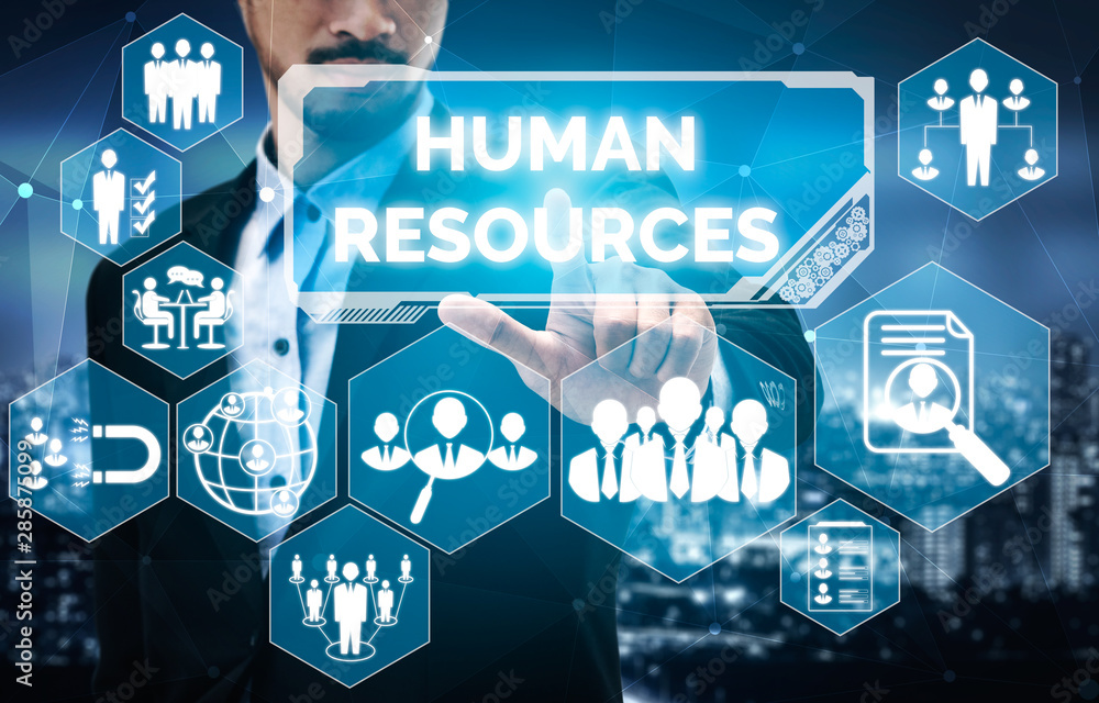 Poster human resources recruitment and people networking concept. modern graphic interface showing professi