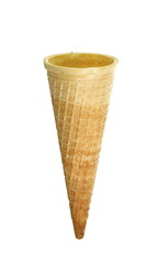 Empty waffle Cup for ice cream isolated on white background. Waffle cone on white background. Empty sugar waffle cones. 