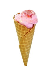 Strawberry ice cream in waffle cone isolated on white background.