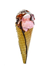 Strawberry ice cream in waffle cone isolated on white background.