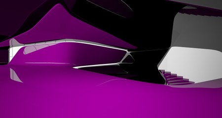Abstract smooth architectural violet and black gloss interior of a minimalist house with large windows. 3D illustration and rendering.