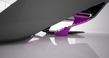 Abstract smooth architectural violet and black gloss interior of a minimalist house with large windows. 3D illustration and rendering.