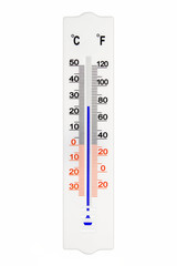 Meteorology thermometer isolated on white background. Air temperature plus 25 degrees celsius