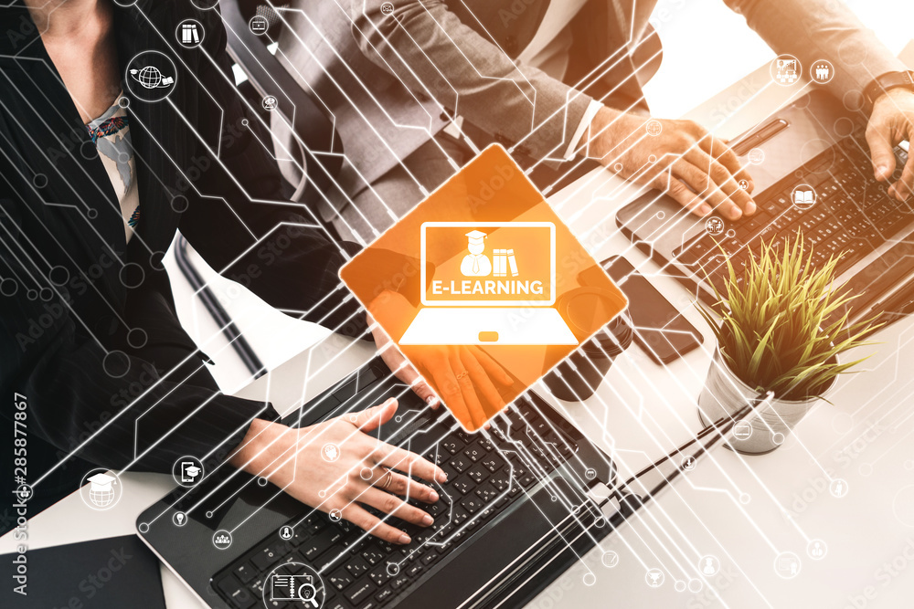 Poster e-learning and online education for student and university concept. graphic interface showing techno