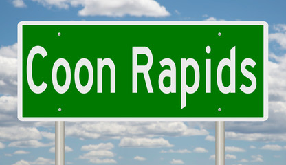 Rendering of a green highway sign for Coon Rapids Minnesota