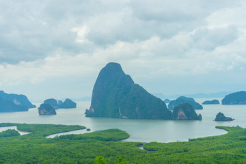 Unidentified people sightseeing at Samet Nang She point looking through Phang Nga Bay in Phang Nga,...