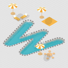 Isometric 3D Open Air Summer Pool Party Beach Landing Page Illustration Background, Alphabet W Font, Cover Banner Design Template