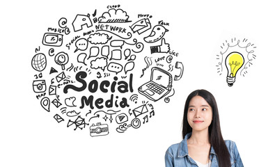 Asian young woman looking up of Hand drawn illustration of social media sign and symbol doodles icon. white background with a social media sketch.