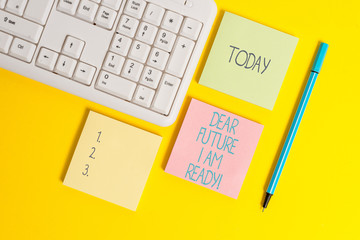 Text sign showing Dear Future I Am Ready. Business photo showcasing Confident to move ahead or to face the future Empty papers with copy space on the yellow background table