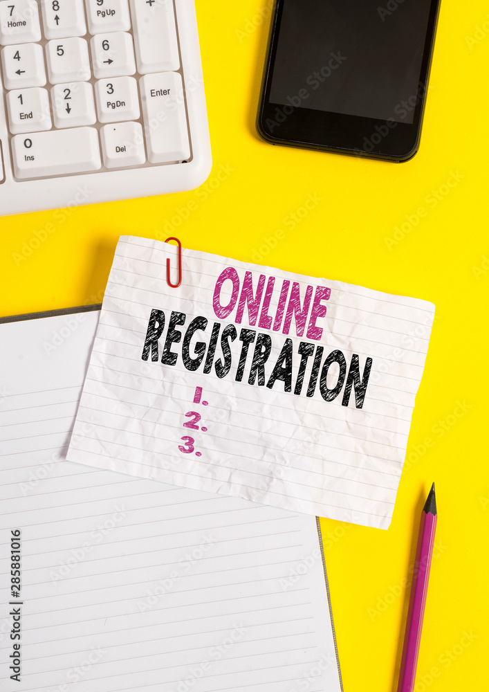 Poster text sign showing online registration. business photo text system for subscribing or registering via