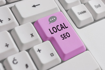 Handwriting text writing Local Seo. Conceptual photo helps businesses promote products and services to local customers White pc keyboard with empty note paper above white background key copy space