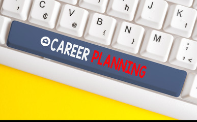 Word writing text Career Planning. Business photo showcasing Strategically plan your career goals and work success White pc keyboard with empty note paper above white background key copy space