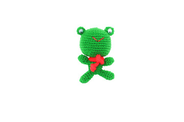 Green frog crochet, yarn doll isolate on white background
