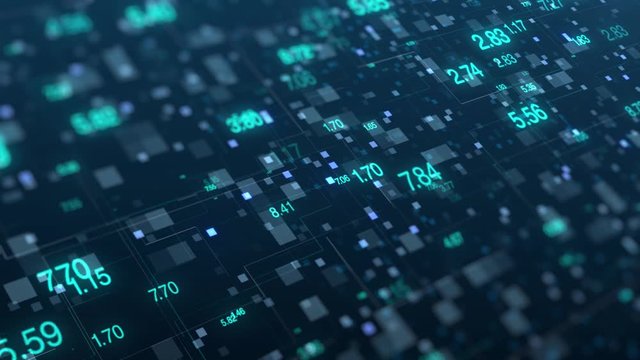 Digital abstract computer network in cyberspace with glowing data numbers on blue background with squares. Animation video modern global social futuristic information server business and program.