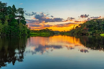 Fototapeten Reflexion eines Sonnenuntergangs durch eine Lagune im Amazonas-Regenwald-Becken. Das Amazonasbecken umfasst die Länder Brasilien, Bolivien, Kolumbien, Ecuador, Guyana, Surinam, Peru und Venezuela. © SL-Photography