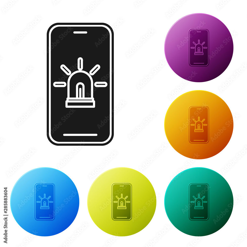 Poster black mobile phone with smart house and alarm icon isolated on white background. security system of 