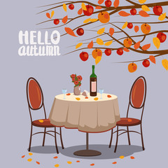 Hello Autumn cafe table with wine for two persons autumn branches of falling leaves foliage, chairs