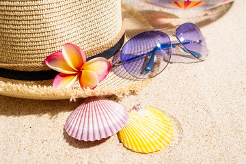 Beige straw hat with blue sunglasses, colourful sea shells,  frangipani flowers on sand, summer vacation concept