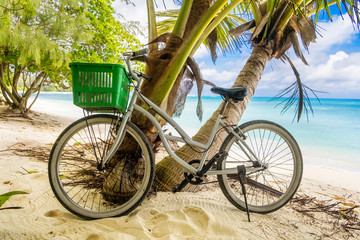 Lonely vintage bicycle on the tropical  sandy beach by a palm tree with sky and calm sea at background.