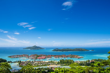 Aerial view of luxury Eden Island estate project from spectacular viewpoint of Lamisere road, Mahe island, Seychelles