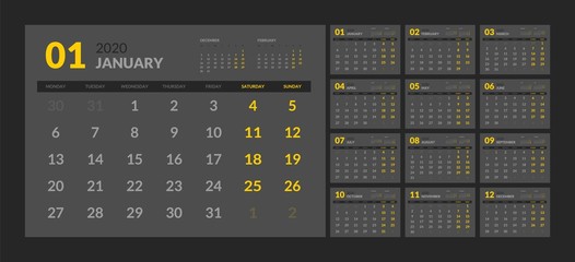 Wall calendar for 2020 year in clean minimal style. Dark mode. Week Starts on Monday. Set of 12 Months.