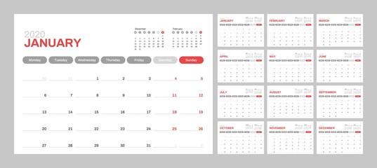 Wall calendar for 2020 year in clean minimal style. Week Starts on Monday. Set of 12 Months.