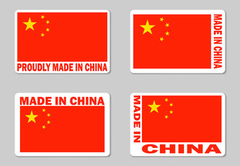 Made in China label sticker, vector set. Merchandise tag with Chinese flag