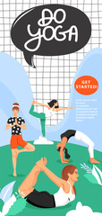 Obraz premium Sporty women practicing yoga in the park. Girls standing in various poses. Banner design template. Vector.