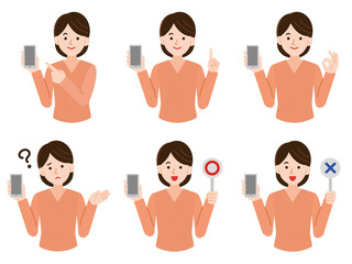 Obraz premium 女性 スマートフォン シンプルイラスト 線なしセット