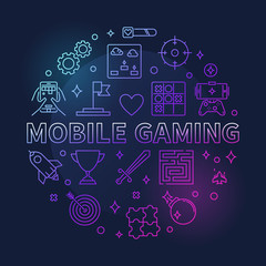 Mobile Gaming vector concept round colorful outline illustration on dark background