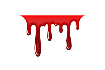 Blood drip 3D. Drop blood isloated white background. Happy Halloween decoration design. Red splatter stain, splash spot, horror blot. Bleeding bloodstain scare texture. Liquid paint Vector illustraton