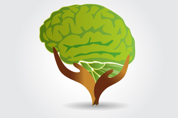 Brain in a green tree shape with care hands mental logo vector icon image template