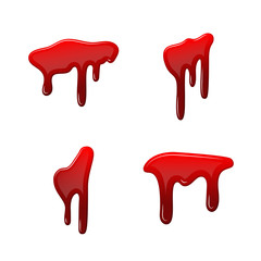 Blood drip 3D set. Drop blood isloated white background. Happy Halloween decoration design. Red splatter stain, splash spot, horror blot. Bleeding bloodstain texture. Liquid paint. Vector illustraton