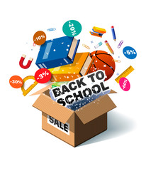 Back to school sale vector poster design with colorful school supplies, educational items and sale text for shopping discount promotion. Vector illustration. Banner for online store. Unpack, unbox