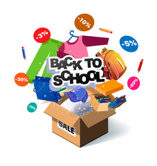 Back to school sale vector poster design with colorful school supplies, educational items and sale text for shopping discount promotion. Vector illustration. Banner for online store. Unpack, unbox