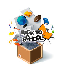 Back to school sale vector poster design with school supplies, school furniture, educational items and sale text for shopping discount promotion. Vector illustration. Banner for online store. Unboxing