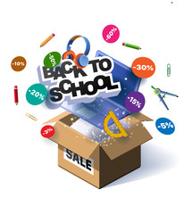 Back to school sale vector poster design with colorful school supplies, educational items and sale text for shopping discount promotion. Vector illustration. Banner for online store. Unpack, unbox