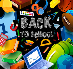 Back to school sale vector poster design with school supplies and doodles on black chalkboard background and sale text for shopping discount promotion. Vector illustration. Banner for online store