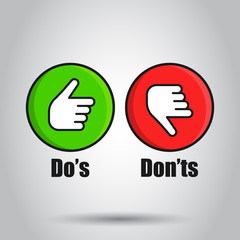 Do's and don'ts sign icon in flat style. Like, unlike vector illustration on isolated background. Yes, no business concept.