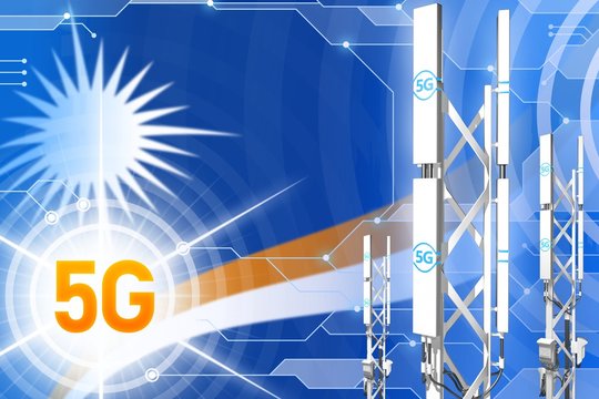 Marshall Islands 5G industrial illustration, large cellular network mast or tower on modern background with the flag - 3D Illustration